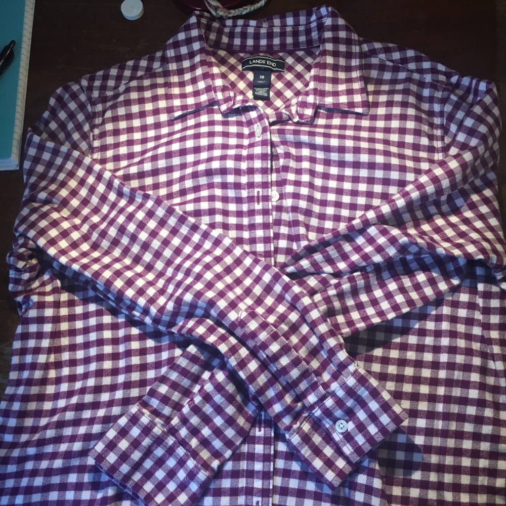 Lands’ End Purple and white checked flannel shirt